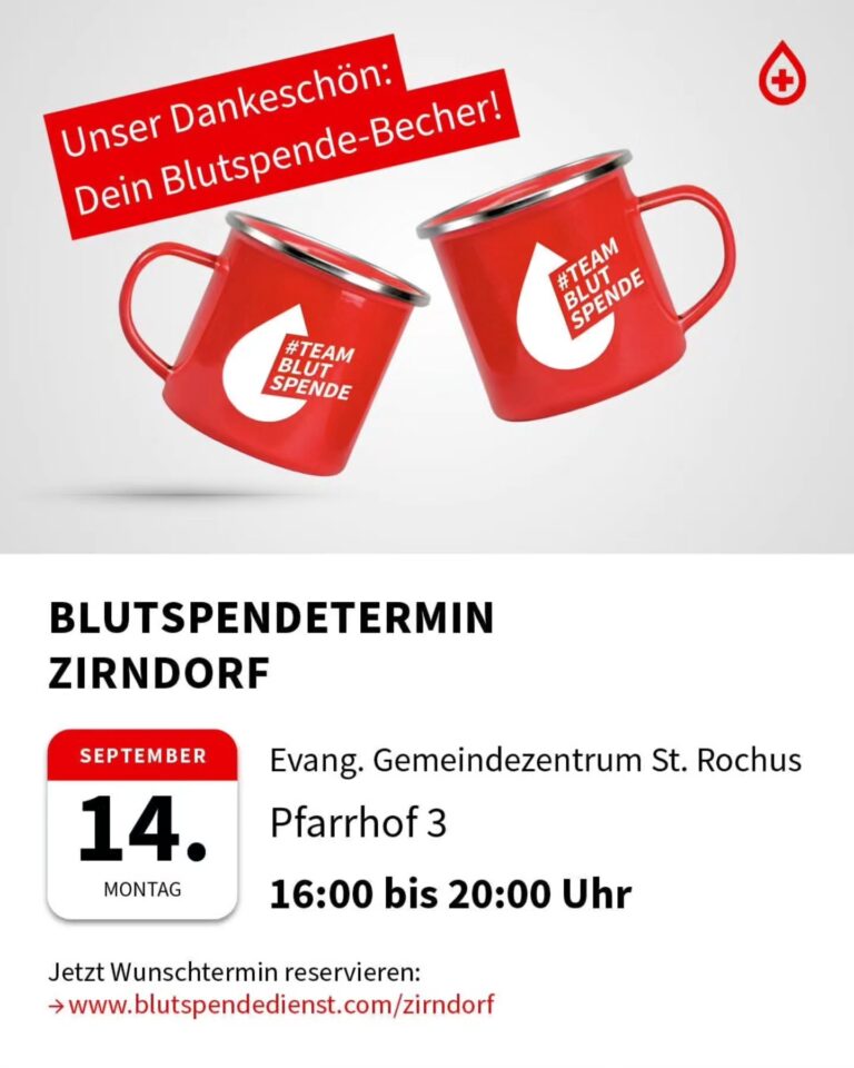 Mehr über den Artikel erfahren Nächsten Montag findet wieder die Blutspende in Zirndorf statt. Kommt vorbei, wir freuen uns auf euch!